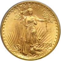 1908 $20 St. Gaudens. No motto. PCGS MS65