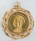 High Karat Yellow Gold, Diamond, Princess Diana Coin, Diamond, 18K Yellow Gold Pendant