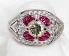 Lady's Art Deco Diamond, Ruby, 18K White Gold Style Ring