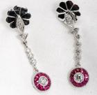 Pair of Art Deco, Diamond, Ruby, 14K White Gold Drop Style Earrings