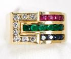 Lady's Ruby, Emerald, Sapphire, Diamond, 14K Yellow Gold Ring