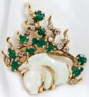 Carved Opal, Carved Emerald, Diamond, 14K Yellow Gold Pendant