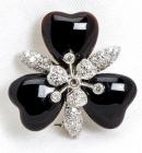 Black Jade, Diamond, 14K White Gold Floral Design Brooch