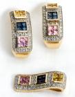 Multi Colored Sapphire, Diamond, 14K Yellow Gold Pendant & Earring Suite