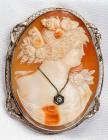 Antique Shell Cameo, Diamond, 14K White Gold Brooch/Pendant