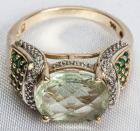 Lady's Green Quartz, Emerald, Diamond, 14K Yellow Gold Ring