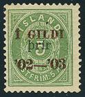 WITHDRAWN - 1897, 5a green with both "þrir" and "I GILDI" overprints