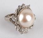 Lady's Mabe Pearl, Diamond, Platinum Floral Design Ring