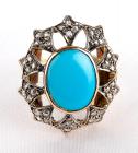 Lady's Antique Style Turquoise, Diamond, 18K Yellow Gold Ring