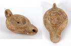 Roman Cornucopiae Oil Lamp with Menorah Stamp Hidden on Base, ca. 1st - 2nd Century AD