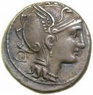 Appius Claudius Pulcher, T. Manlius Mancius, and Q. Urbinius. Silver Denarius (4.0 g), 111-110 BC