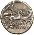 Appius Claudius Pulcher, T. Manlius Mancius, and Q. Urbinius. Silver Denarius (4.0 g), 111-110 BC - 2