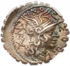 L. Pomponius Cn. f. Silver Denarius Serratus (3.97 g), ca. 118 BC