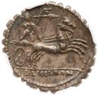 L. Pomponius Cn. f. Silver Denarius Serratus (3.97 g), ca. 118 BC - 2
