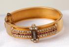 Victorian 18K Yellow Gold, Diamond, Ruby, Pearl Bangle Bracelet