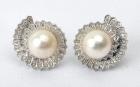 Cultured Pearl, Diamond, 14K White Gold Floral Design Earrings