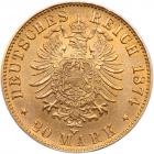 German States: Wurttemberg. 20 Marks, 1874-F PCGS MS64 - 2