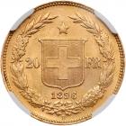 Switzerland. 20 Francs, 1896-B NGC MS63 - 2