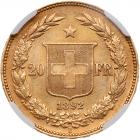 Switzerland. 20 Francs, 1892-B NGC MS62 - 2