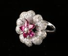 Lady's Diamond, Ruby, 18K White Gold Floral Design Ring