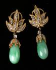 Jadeite, Diamond, 18K Yellow Gold Floral Design Drop Earrings