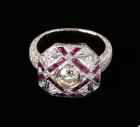 Lady's Art Deco Design Diamond, Ruby, 18K White Gold Ring