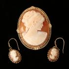 Shell Cameo, 14K Yellow Gold, Pendant/Brooch & Earrings