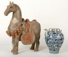 Early Style Chinese Pottery Horse and Yuan Style Blue & White Pot