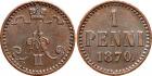 Alexander II, 1855-1881, Russo-Finnish Coins, 1 Penni 1870. Bit 669 (R), Uzd 4695. Rare, semi-key. Dark birch-brown.Good