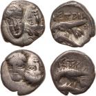 Black Sea Region, Moesia, Istros (c.400-350 BC). Silver ¼-Drachm, 1.10g. Two young male heads facing side-by-side, the l