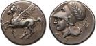 Corinth (c.375-300 BC). Silver Stater, 8.52g, 6h. Pegasos flying left, koppa below. Rev. Head of Athena facing left, wea