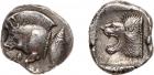 Mysia, Kyzikos (c.450-400 BC). Silver Diobol, 1.24g, 3h. Forepart of wild boar left, line of beads with tunny upright be