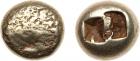 Ionia (c.670 BC). Electrum Trite, 4.60g. Lightly striated surface (perhaps an earlier prototype of the clearly striated