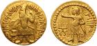 Kushan. Kanishka I (c.127-152 AD). Gold Dinar, 7.91g. Caped and crowned Kanishka standing facing, head left, holding ank