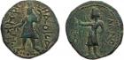 Kushan. Kanishka I (c.127-152 AD). Copper Tetradrachm, 16.65g. Standing king. Rev. Mao standing, tamgha in field MAO (Gö