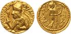 Kushan. Huvishka (c.152-190 AD). Gold Dinar, 7.96g. Diademed and crowned half-length bust left, holding mace-sceptre in