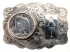 Sterling silver belt buckle with a 1936-S Bay Bridge Half Dollar incorporated into the design