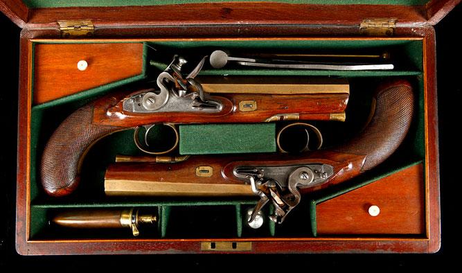 Pair English Cased Flintlock Officer S Pistols Brass Octagonal Barrels