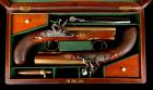 Pair English, Cased, Flintlock Officer's Pistols, Brass Octagonal Barrels