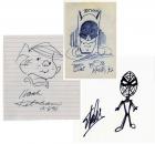 3 Original Sketches and Signatures by Bob Kane, Stan Lee and Hank Ketcham