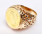 Gents US $2 1/2 Liberty Coin 14K Yellow Gold Nugget Style Ring