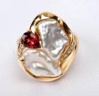 Lady's Baroque Pearl, Pink Tourmaline, Diamond, 14K Yellow Gold Ring