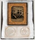 Superb Poker Game Tintype ca. 1870s and Two Mother-of-Pearl Poker Chips