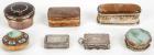 Collection of 7 Antique Pill Boxes, Sterling Silver, Agate, Jadeite, Enamel and Brass