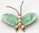 Jadeite, Cultured Pearl, Red Stone, 14K Yellow Gold Butterfly Brooch