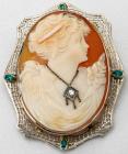 Fine Carved Cameo, Diamond, Green Stone, 14K White Gold Brooch/Pendant