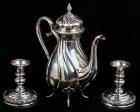 German Silver Teapot and Two Sterling Candlesticks