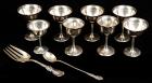 Set of Eight English Sterling Silver Goblets & Two Sterling Silver Serving Utensils.