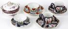 Fine Collection of 4 First Period Dr. Wall Worcester Porcelain Cups and Saucers & 1 Lidded Butter Pot ca. 1770s