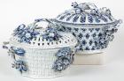 Two Rare Worcester First Period, Blue & White Porcelain Chestnut Baskets ca. 1775